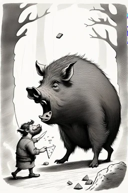 book illustration, With the wild boar snorting, our brave dwarf stumbled. On day two, he regrouped, plotting a clever scheme, With a giant cheese wedge, he lured it like a dream.