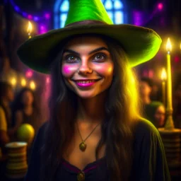 portrait of blessed young witch beauty, wild goblin birthday party on stonebridge background , motion blur, 8k, downlight, soft light, depth of field, photorealism, trending on art station, lotsa detail