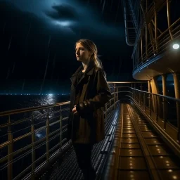 The camera captures from front ,1girl official clothing standing on deck of a luxury huge ship with several floors looking at camera in night on stormy ocean. The dynamic lighting in the stormy sky.