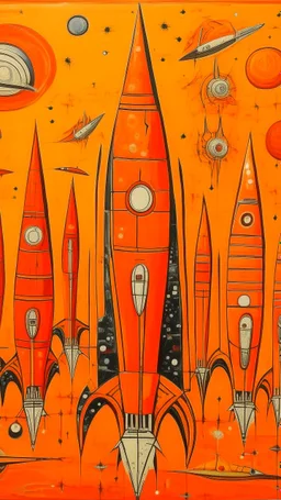 An orange colored space with rockets designed in Kuna Molas painted by Maurice Utrillo