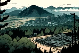 mapview of a forest, a hill, mountain, with a factory and a city in the background, comic book, post -apocalypse, gray