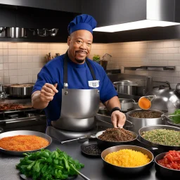 a bustling kitchen, filled with the clinking of pots and pans, the sizzle of ingredients hitting the hot pan, and the fragrant aromas wafting through the air. The Chef Ice-T from Law & Order: Special Victims Unit stands at the center of it all, a master of culinary creativity and precision. Today, the challenge is to highlight a specific ingredient in a way that is both creative and absolutely delicious. Ice-T's eyes light up with excitement as they reach for a vibrant, ripe mango. Ah, the sweet
