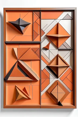 Wall-mounted tangram puzzle with a mix of terracotta and geometric pieces.