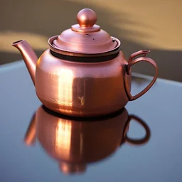 The reflection of a child on the surface of an old copper teapot