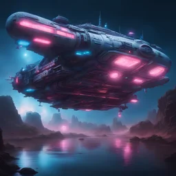 highly detailed old large space ship floating on river , subtle blue subtle pink lights , blue exhaust, antennas, luminescent , 35 mm focal length