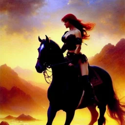 Drawing of beautiful face,busty Red Sonja riding black horse,intense stare,minimal ancient armor, balanciaga fashion clothe painting by gaston bussiere, greg rutkowski, yoji shinkawa, yoshitaka amano, tsutomu nihei, donato giancola, tim hildebrandt, oil on canvas, cinematic composition, extreme detail,fit full head inside picture,16k