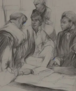 Pencil sketch of Four doctors are discussing ، on lined paper