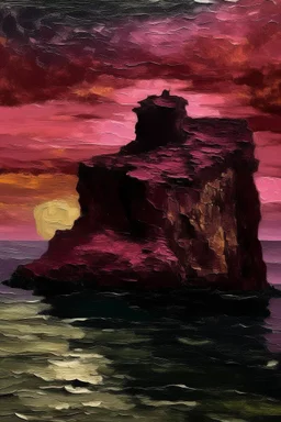 A dark magenta crag at sunset designed in Kuna molas painted by Gustave Courbet