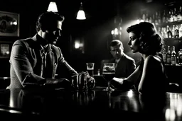 photo from an crisis of a couple in a bar. The scene is set in a dimly lit bar with a melancholic atmosphere, evoking a film noir style. The bar is filled with smoke and shadows, and with couples talking and drinking. At the bar counter, a man and a woman sit beside each other. The man is hold a glass beer and looking another young woman in bar, while the woman sadding face looking the counter. dramatic shadows, woman sadding face looking the counter. sadness, paint, loneliness