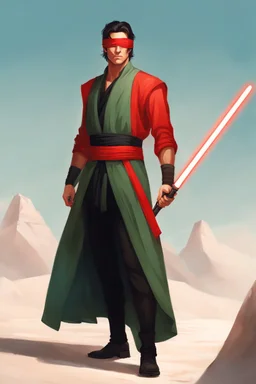 Red Blindfold, Male Tan Human, Very Long HairLong Black Hair, Peaceful pose, Red Fancy Lightsaber With a Crossagurd