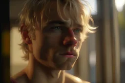 A macro portrait of an athletic teen boy with honey brown eyes, messy golden blond hair, cute, innocent and thoughtful, leaning against a window, a hint of facial hair, no shirt, shirtless, inside an empty room with warm sunlight streaming in, detailed, high definition, 4K, 8K, quality render