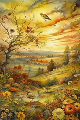 Art by joachim beuckelaer, Watercolor Vintage Style, vintage, full sunset, an ultra hd detailed painting of autumn, full moon, golden clouds, birds at the sky, decent wildflowers, orange and golden clouds, "art style that combines the elegance of line art with the vibrancy of watercolor wash. The artwork is highly detailed, with sharp focus and smooth transitions. The overall feeling is dynamic and highly polished, influenced by the works of Carne Griffiths, Wadim Kashim, an