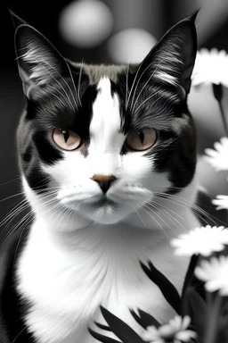 Black and white Portrait of a cat with background flowers, thick lines, --ar 9:11