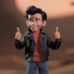 Wide view Young Fonz with black hair greaser figure doll 1978 (thumbs-up) (face) Forehead grin, fonzarelli, ((arnold's drive-in)) fonzie