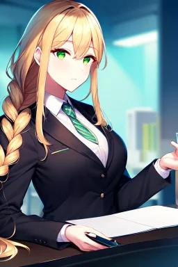 girl, masterpiece, best quality, cinematic lighting, detailed outfit, perfect eyes, golden hair, green eyes, long hair, braided ponytail, office lady, side shot, working at desk,