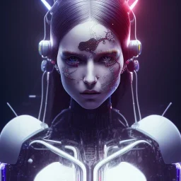 singer Danish MØ face, lumen lighting, led lights, <hanging wires> many wires connected to the head<perfect pupil> <cyborg> <garage> <sci-fi futuristic>