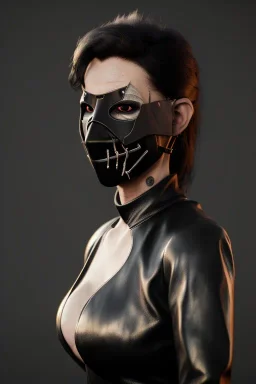 executioner in black leather, mature woman, masked, cleavage, evil, angry, sci-fi fantasy style, 8k,dark