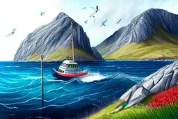 Colored pencil drawing of Norway, mountains, ocean, small fisher boat, very detailed, realistiv