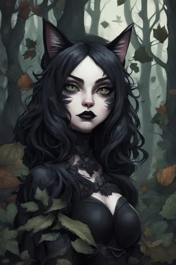 CAT GIRL, goth, forest, nature, cartoon, leaves, boobs, portrait, colour image