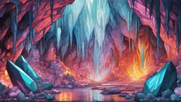 comic style, crystal cave, maximalism