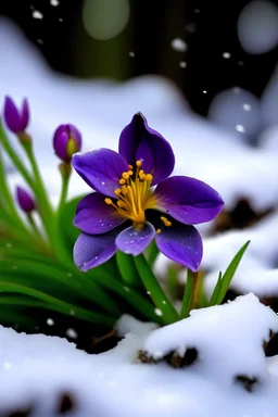 фиолетоввый цветок ранней весной на фоне заката, идет небольшой снег, оттепель