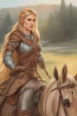 A drawing of beautiful woman with blond hair, viking braids Brown leather armor. Horse