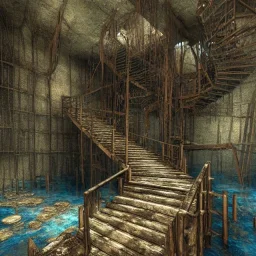 abondoned mine shaft with long metal staircase into murky brackish water, endless mine shaft, flooded, 8k resolution, 3D octane render, intricate, sharp, crisp, ultraHD, digital art, detailed matte, volumetric lighting George Grie, Anne Dittman, Anne Stokes, Lisa Parker, Selina French, brian froud, howard lyon,