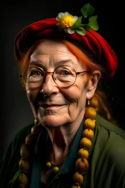 Portrait of a ginger haired old woman with braids, crosseyed, small eyes, green eyes, freckles and glasses, she smiles. She has a broad nose and an nose piercing. She wears a hat with flowers. She looks angry