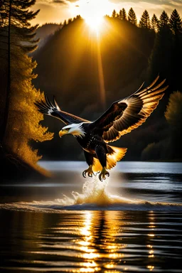 An image capturing a majestic eagle in flight, gripping a large fish in its talons as it soars above a winding river. The sunlight glistens on the water below, and the eagle's powerful wings spread wide against the sky. The scene showcases the eagle's incredible hunting prowess and the dynamic beauty of the natural world.