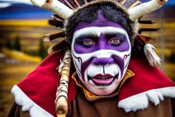 One Northern Native Gaffer. Indigenous, birch-bark face-cover, Kekripukki, carrying drums made of birch-park, Scary Horns, Midwinter, Ghost, Mystic, Haunted Children, The children are dead, Witch, Wizard, Sage. Traditional Costumes are white with red ornaments and patterns. Faces are painted with purple and green. Arctic Hills, Strange trees, Haunting Atmosphere, Crazy, North-Carelia, Karelia, Karjala, Karjalainen, traditional Carelian costumes, black tears,