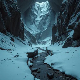 Photograph, a dark mass of terrain, giant museum space, powder, brook, dramatic colors, geological formation, architecture, minimalist, details of the terrain very accentuated, 8k, deep 3d field, sharp, brutalist, hasselblad h6d400c --ar 85:128 --v 6.0