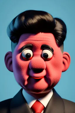 Waist up muppet Portrait, Kim Jong-un muppet doll, black suit, photo studio, red background, unreal engine 5, concept art, art station, god lights, ray tracing, RTX, lumen lighting, ultra detail, volumetric lighting, 3d.