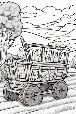 coloring page, hay wagon, cartoon style, thick lines, low detail, no shading