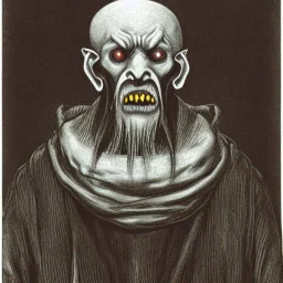 Nosferatu with four yellow eyes with fleshy tentacle hair beard grey skin and vampire fangs as a Russian Orthodox