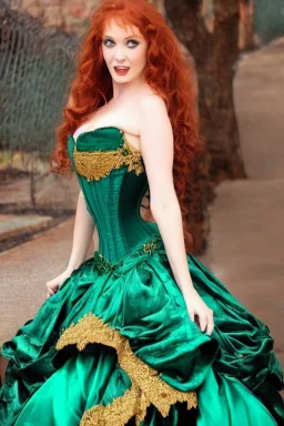 Busty princess full body with long auburn hair green eyes wearing a big dark teal green and gold satin ballgown corset off shoulder top at night