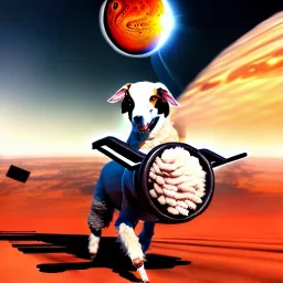 dog lifting a sheep with a forklift on the planet mars