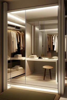 Generate a small but spacious closet. With a big mirror and space for organization