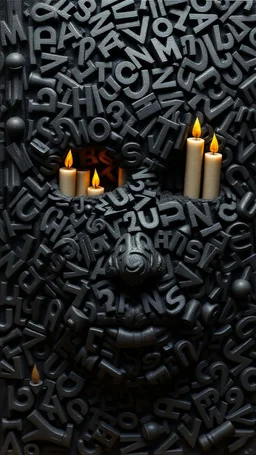 Bosch style painting , A balled face in details . The texture of the face is a collage of many 3D black random letters covering the whole face and the eyes are covered by shadows of 3D candles