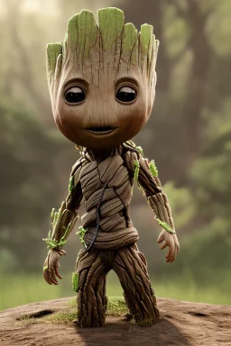 Groot toddler, full body, steampunk, bokeh, hyper realistic