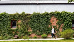 A building facade is covered with a living wall of ivy and other greenery. A woman walks on a path beside the building, which has a corrugated metal roof and modern windows.