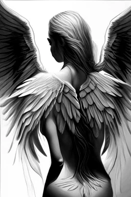 woman angel from back with sharpand wide wings ultra realistic drawing