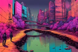 painting of a cyberpunk colourful natural walkway in the city with pollution and a creek by michaelangelo