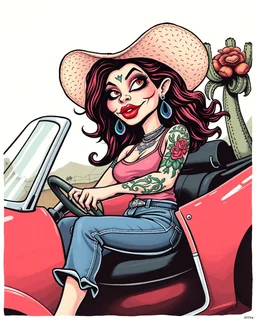 Consuela Mexican woman in a tank-top and jeans, illustrated in a RAT Fink Ed Roth's monsters Style driving a convertible car, big head with small body, cholla with face tattoo, cartoon kissy lips, rat fink t-shirt composition, 2 color silkscreen