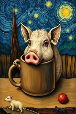 a true van gogh with a giant hog in a mug