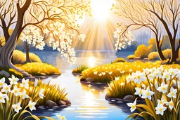 romantic garden with white narcissus, white, or gold light effects colors, sun, realistic, blooming trees in springtime, river, willow, highly detailed, high contrast, 8k, high definition, concept art, sharp focus