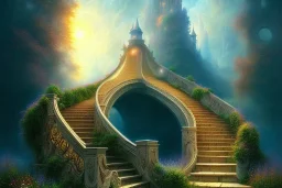 long stairway up to heaven, atmospheric, mystical, beautiful colours, romanticism, fantasy, Neo-Impressionism, fine art