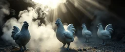 pin hole cam, fire smoke and fog and light rays, Utrangerte verpehøner blir i Norge brukt som energikilde og alternativt brensel i sementproduksjonen, eller det kan dreie seg om dekorative hagefigurer formet som høner støpt i betong, fantasy illustration, in the style of Rembrandt