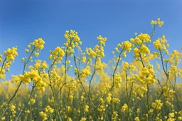 clear blue sky for top half, across Middle is canola flowers with canola stems branches and leaves below, rapeseed sharp focus, realistic