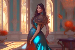 brunette woman standing in an elegant living room in a beautiful peacock feather dress in sunshine Weight:1 8k resolution concept art by Greg Rutkowski dynamic lighting hyperdetailed intricately detailed Splash art trending on Artstation triadic colors Unreal Engine 5 volumetric lighting Alphonse Mucha WLOP Jordan Grimmer orange and teal Weight:0.9