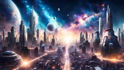industry revolution new age, new-age theme, hyper realistic city with galaxy sky